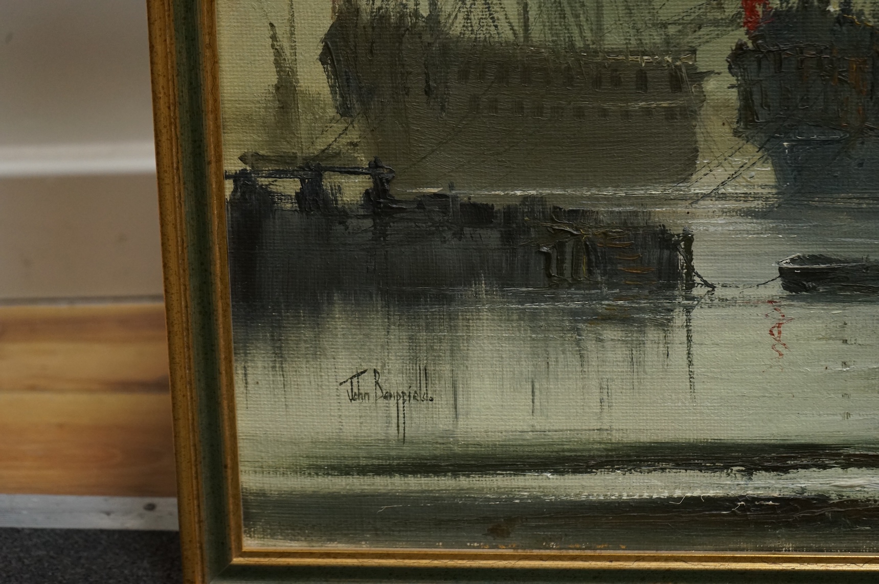 John Bampfield (b.1947), oil on canvas, Shipping scene, signed, 60 x 90cm